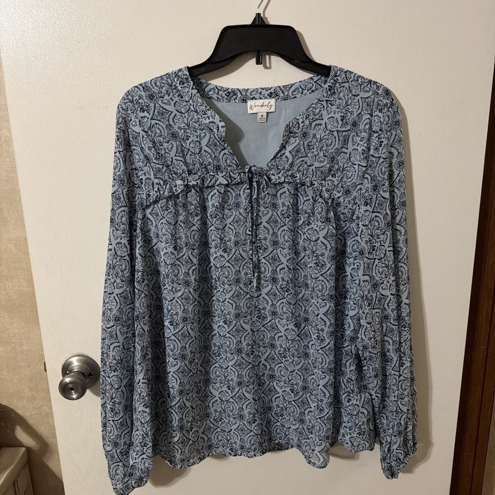 Wonderly Women Size 1X Ruffle Boho Peasant Blue Flowy Lined Blouse Tie Neckline
